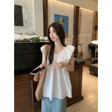 批发原版面料工艺法式慵懒风白色v领<b class='q'>无袖</b>衬衫<b class='q'>背心</b>女