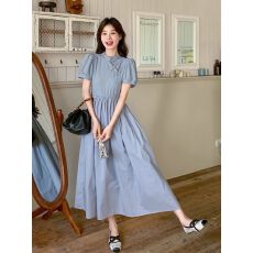 批发蓝色新中式连衣裙夏季女2026<b class='q'>新款</b><b class='q'>旗袍</b>改良轻熟洋气显瘦长款A字裙
