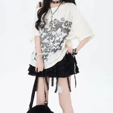 批发美式百搭露肩显瘦夏季设计感小众宽松复古kitty印花短袖<b class='q'>T</b><b class='q'>恤</b>女上衣