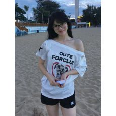 批发广州面料）原版做工 百搭美式爱心小狗辣妹斜肩短袖<b class='q'>t</b><b class='q'>恤</b>女夏季露肩