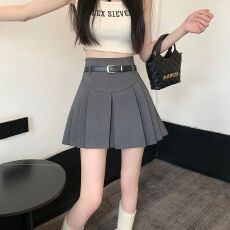 批发<b class='q'>复古</b>辣妹灰色百褶半身裙夏季新款女装韩系百搭送腰带高腰显瘦短裙