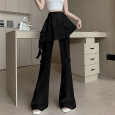 批发荷叶边假两件微喇叭裤裙女春夏2026新款时尚洋气高腰休闲<b class='q'>拖地</b>长裤