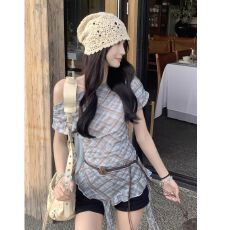 40D网布 有腰带不规则飘带格子网纱短袖女夏显瘦露肩复古上衣