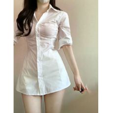 批发【酷丝棉】御姐修身褶皱性感衬衫裙女设计感辣妹收腰中长衬衫裙