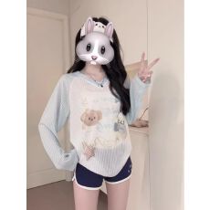 批发原版坑条 甜美风防晒罩衫<b class='q'>长袖</b>t恤女夏季微透慵懒宽松显瘦外搭上衣