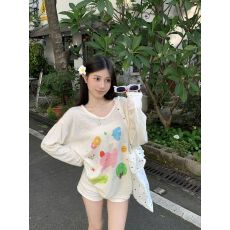 批发原版面料 慵懒风卡通<b class='q'>长袖</b>t恤女夏季松弛感宽松露锁骨防晒罩衫上衣