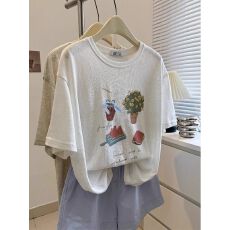 批发雪花棉+后包领<b class='q'>大码</b>300斤 趣味印花<b class='q'>时尚</b>圆领短袖T恤女2026夏季上衣