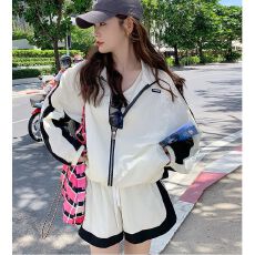 批发休闲运动风套装女夏季薄款长袖<b class='q'>外套</b>短裤两件套宽松洋气减龄防晒衣