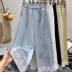 批发特<b class='q'>大码</b>300斤阔腿裤女春夏松紧高腰裤脚蕾丝花边减龄九分裤休闲裤
