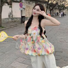 批发甜美清新郁金香晕染印花吊带上衣女2025夏季新款宽松显瘦花苞小衫