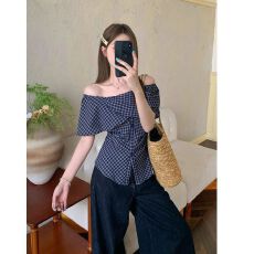 批发【原版色织格】法式一字肩<b class='q'>格子</b><b class='q'>衬衫</b>女装夏季上衣遮肉显瘦小衫