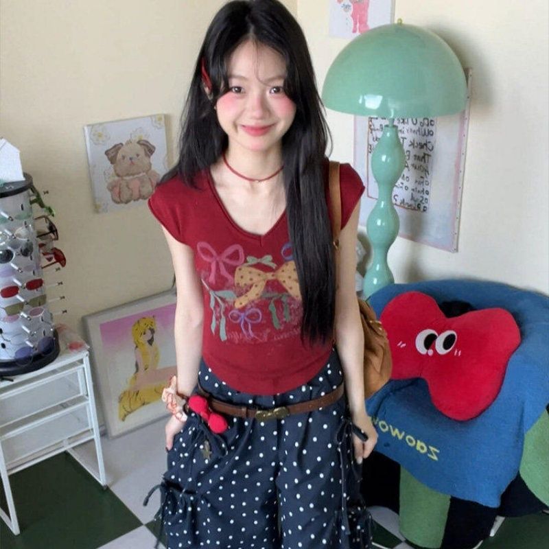 210 그램 95 면 한 부서 레트로 나비 매듭 프린트 V넥 반팔 티셔츠 여성 여름 새로운 긍정적 인 어깨