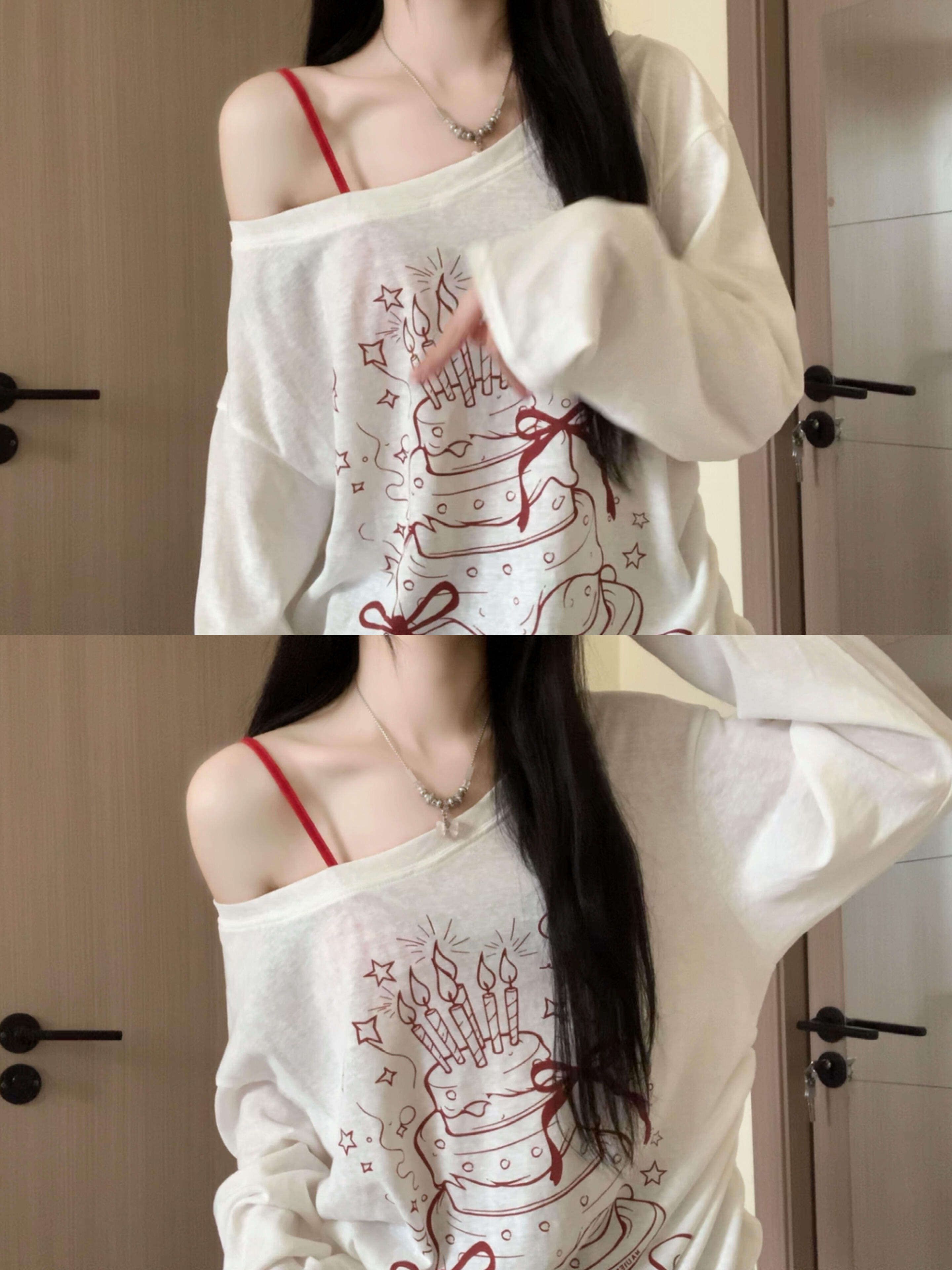화이트 비스듬한 어깨 오프숄더 긴팔 자외선 차단 블라우스 여성 여름 루즈핏 느긋한 바람 프린트 디자인 센스 작은 대중 달콤한 자매 맨위