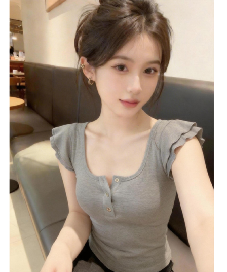 260 그램 사람들 면 리브 92 접착제 8 암모니아 Lun 순수한 욕망 회색 u 칼라 작은 날다 소매 티셔츠 여성 새로운 몸매 가꾸기 맨위