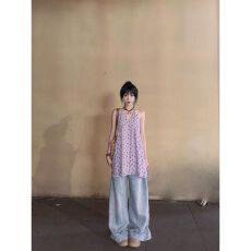 批发【原版面料+内里】法式气质紫色碎花无袖背心<b class='q'>中长款</b>上衣夏季
