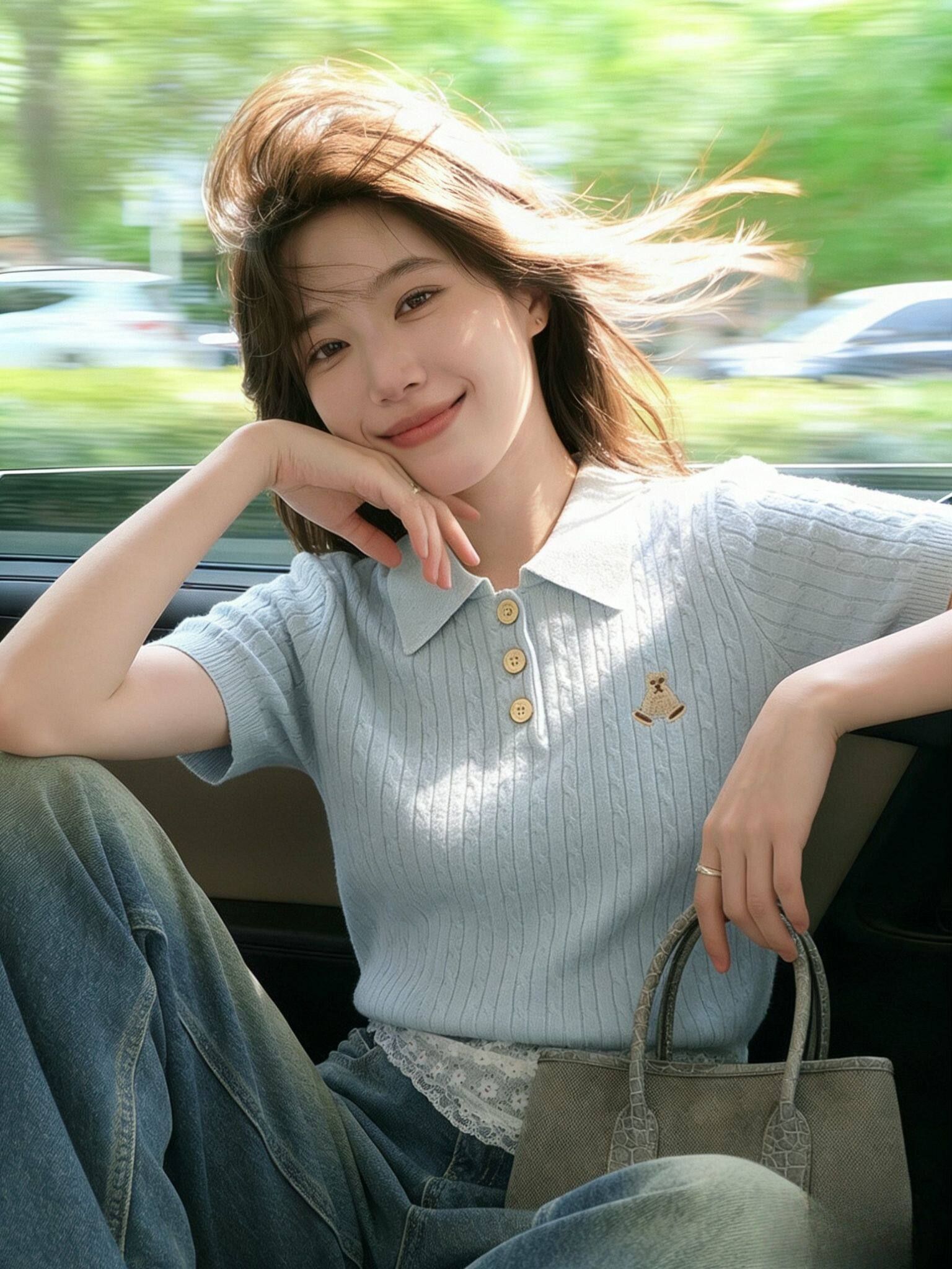 파란색 자수 작은 곰 폴로 칼라 니트 반팔 티셔츠 여성 인사이드 가져 가라. 수 있습니다. 외출용 쇼트 스타일 긍정적 인 어깨 작은 맨위 2026 여름