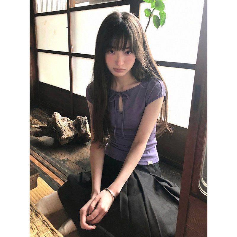 260 그램 사람들 면 모달 홀로우 아웃 레이스업 반팔 티셔츠 여성 펌프 Pleat 허리 수축 긍정적 인 어깨 몸매 가꾸기 맨위