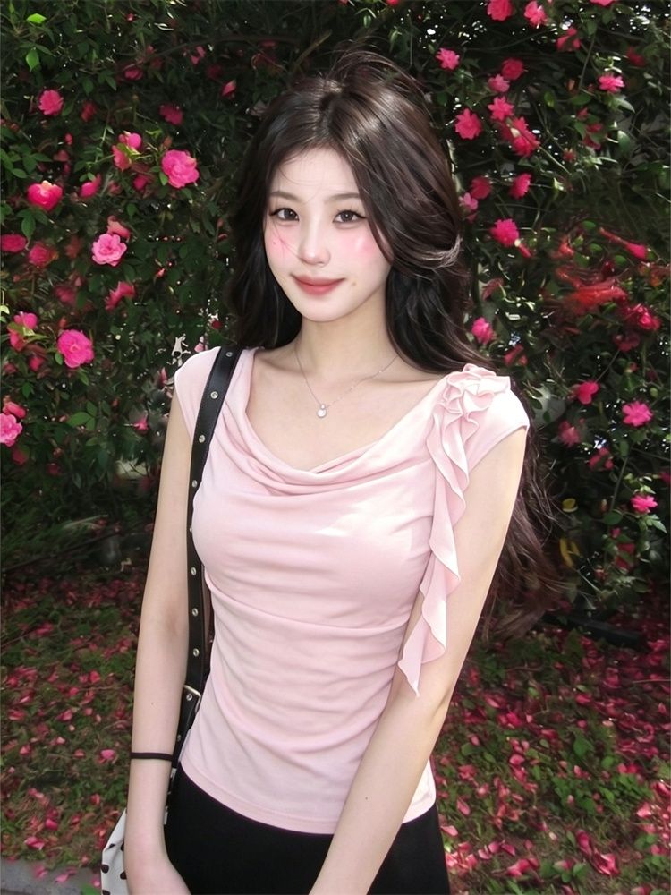 1 1 와 사고 방식 핫걸 바람 핑크색 흔들다 칼라 반팔 티셔츠 여성 여름 패치워크 몸매 가꾸기 슬림해 보이는 다용도 작은 대중 맨위