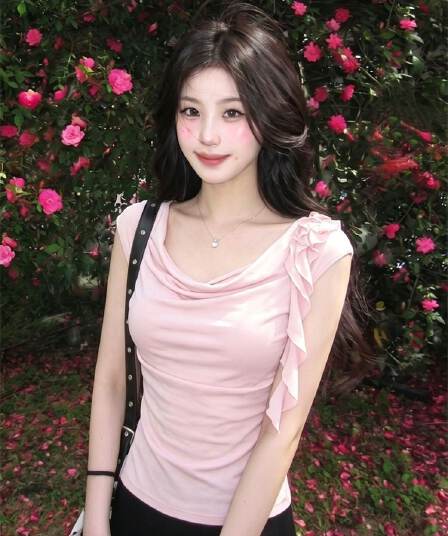 1 1 와 사고 방식 핫걸 바람 핑크색 흔들다 칼라 반팔 티셔츠 여성 여름 패치워크 몸매 가꾸기 슬림해 보이는 다용도 작은 대중 맨위