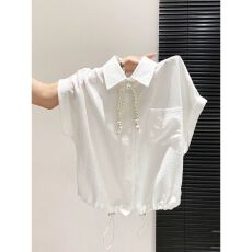 批发【原版做法】polo领短袖<b class='q'>衬衫</b>女夏季波点丝带短款抽绳收腰宽松<b class='q'>上衣</b>