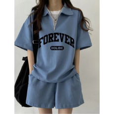批发可爱少女显瘦休闲圆领网红短袖短裤两件套字母日系运动服套装女