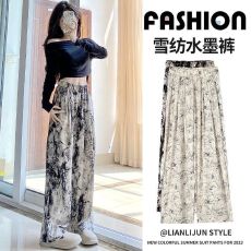 批发立体腰-三种裤长】<b class='q'>雪纺</b>冰丝阔腿裤女夏季休闲扎染水墨国风直筒裤