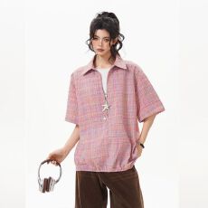批发美式格纹泡泡纱假两件短袖<b class='q'>衬衫</b>女男夏季薄款<b class='q'>宽松</b>休闲肌理感<b class='q'>T</b><b class='q'>恤</b>ins