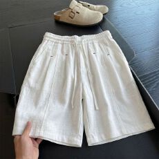 批发老钱风褶皱仿<b class='q'>亚麻</b>短裤男款夏季轻薄透气宽松沙滩裤子高级感五分裤