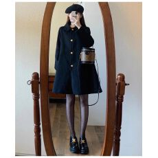 批发高级黑色斗篷金属扣上衣女春秋装新款<b class='q'>韩版</b>小个子宽松显瘦毛呢外套