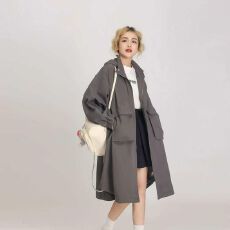 批发灰色连帽风衣外套女2026春秋新款<b class='q'>韩版</b>宽松小个子中长款休闲大衣潮