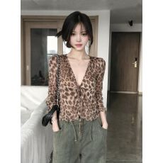 批发原版雪纺v领豹纹绑带<b class='q'>长袖</b>防晒衬衫女夏轻薄罩衫气质短款<b class='q'>雪纺上衣</b>