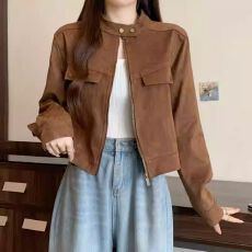 批发棕色<b class='q'>外套</b>女秋季季2026年新款小个子美拉德麂皮绒夹克长袖短款上衣