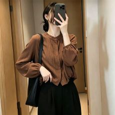 批发法式复古简约风灯笼袖<b class='q'>衬衫</b>女夏季休闲风立领纽扣开衫百搭<b class='q'>时尚</b>上衣
