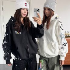 批发【纯棉华棉薄款 刺绣】百搭刺绣秋冬连帽<b class='q'>男</b>女宽松拉链<b class='q'>开衫</b>通勤