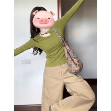 1*1莫代尔绿色镂空串珠设计感修身打底长袖T恤女韩系秋季穿搭上衣