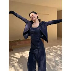 批发【官图 40支纯棉罗纹210克1*1】藏蓝色吊带开衫直筒外穿阔腿<b class='q'>裤</b>