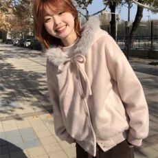 批发【拼接毛领】学院风蝴蝶结连帽呢子外套女<b class='q'>休闲</b>百搭上衣