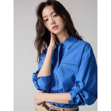 批发克莱因蓝色气质<b class='q'>长袖</b>衬衫女秋季设计感衬衣宽松显瘦慵懒风休闲上衣