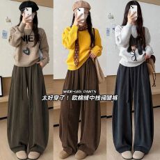批发欧棉绒中线阔腿裤女2026年早秋冬新款韩版高腰显瘦宽松慵懒风裤子