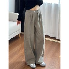 批发美式卡其色工装裤女春秋季高腰遮胯显瘦弯刀阔腿休闲裤