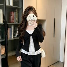 批发260克人棉韩系假两件长袖t恤女早秋季扭结波点<b class='q'>打底衫</b>修身撞色上衣