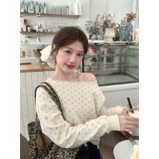 批发320克纯棉曼巴棉韩系甜美碎花斜肩长袖卫衣女秋<b class='q'>宽松</b>休闲慵懒上衣