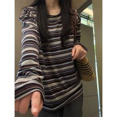 批发180克95涤5氨纶】复古条纹长袖T恤女秋新款慵懒风外穿<b class='q'>打底衫</b>上衣
