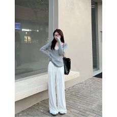 批发实拍实价~慵懒<b class='q'>甜美</b>拼接设计感假两件针织上衣+休闲宽松阔腿裤