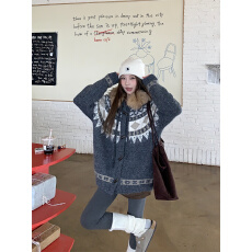 实拍实价~慵懒风氛围感可拆卸毛领费尔岛牛角扣毛衣外套开衫