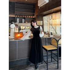 批发实拍实价~法式赫本风立领蕾丝叠穿小衫+丝绒无袖背心<b class='q'>连衣裙</b>长裙