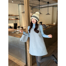 批发实拍实价~简约正肩高领打底衫+卷卷毛<b class='q'>无袖</b>背心连衣裙两件套装