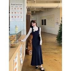 批发实拍实价~纯欲甜辣立领蕾丝打底衫+修身针织鱼尾连衣裙<b class='q'>两件套</b>装