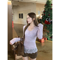 批发实拍实价~纯欲辣妹设计感蕾丝<b class='q'>V领</b>修身长袖上衣