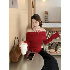 批发实拍实价~纯欲甜辣内搭波点网纱背心+一字肩长袖针织衫两件套装